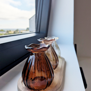 Petits vases en verre ambré sur une tablette de fenêtre avec vue sur la campagne.